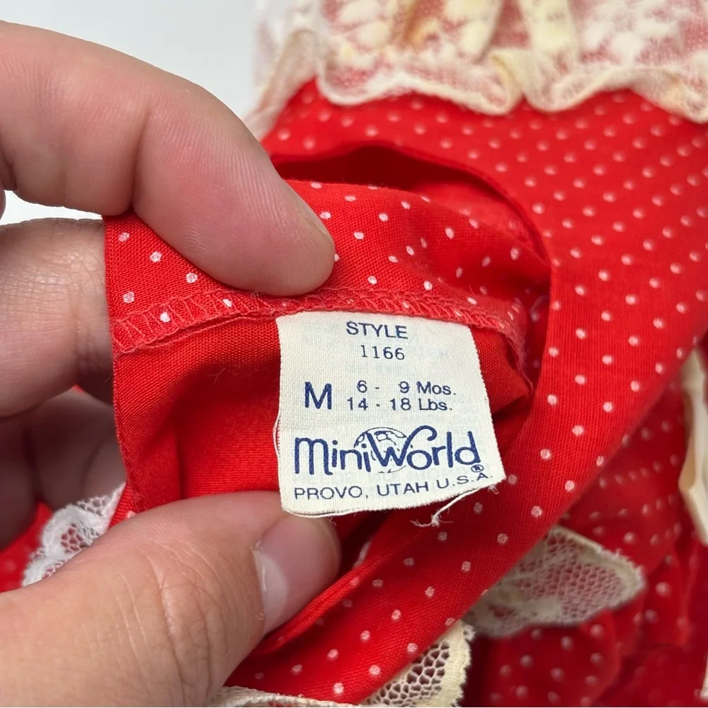Mini World Vintage Red Lace Babydoll Polka Dot Dress Size 6-9 Months USA Made - Picture 3 of 9